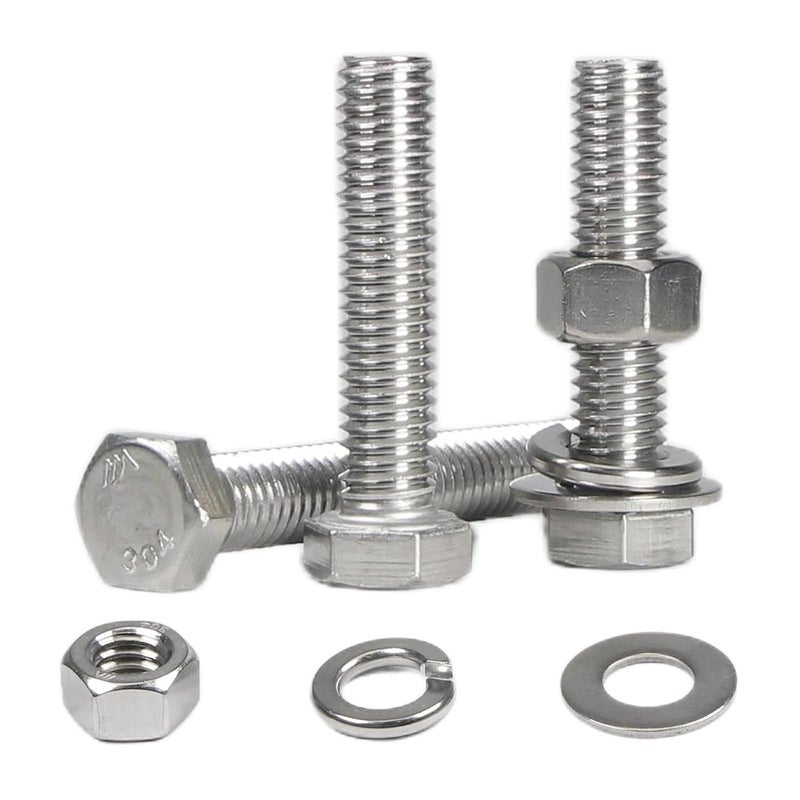 MroMax 8 مجموعات من براغي سداسية الرأس 3/8-16 × 1-1/4" ، وصواميل ، وغسالات مسطحة وغسالات قفل زنبركية ، ملولبة بالكامل ، من الفولاذ المقاوم للصدأ 18-8 (304) ، تشطيب لامع - Image 1